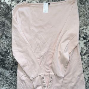 Ann Taylor crew neck long sleeve pale pink top with jeweled cuffed buttons